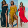 Women Beach Dress Sexy Off Shoulder Tunic Swiming Suit Short Sleeve Solid Cover Up