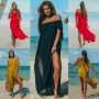 Women Beach Dress Sexy Off Shoulder Tunic Swiming Suit Short Sleeve Solid Cover Up