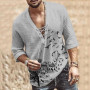 Men's Fashion Hippie Linen Shirt Bird Printed Casual Middle Sleeve V Neck Summer Beach Loose