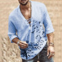 Men's Fashion Hippie Linen Shirt Bird Printed Casual Middle Sleeve V Neck Summer Beach Loose