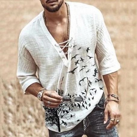 Men's Fashion Hippie Linen Shirt Bird Printed Casual Middle Sleeve V Neck Summer Beach Loose