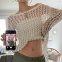 Cropped Knit Smock Top Women Vintage Loose Distressed Crochet Pullovers Crop Tops