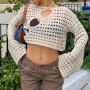 Cropped Knit Smock Top Women Vintage Loose Distressed Crochet Pullovers Crop Tops