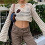 Cropped Knit Smock Top Women Vintage Loose Distressed Crochet Pullovers Crop Tops