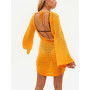 Backless Tie Up Long Sleeve Knitted Dress Summer Swimsuit Bikini Cover-ups