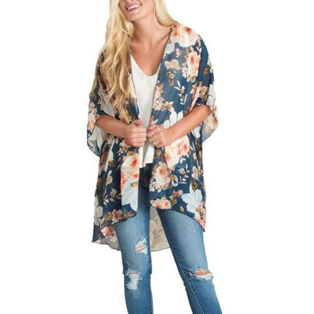 Women Floral Leopard Print Half Sleeve Shawl Chiffon Kimono Beach Cardigan