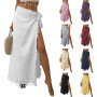 Women Swimsuit Cover-Ups Solid Color Tassels Tied Up Long Beach Skirts