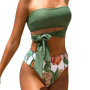 Stylish Bikini Set Lace Up Padded Soft Solid Color Bra Floral Print Panties Bathing Suit