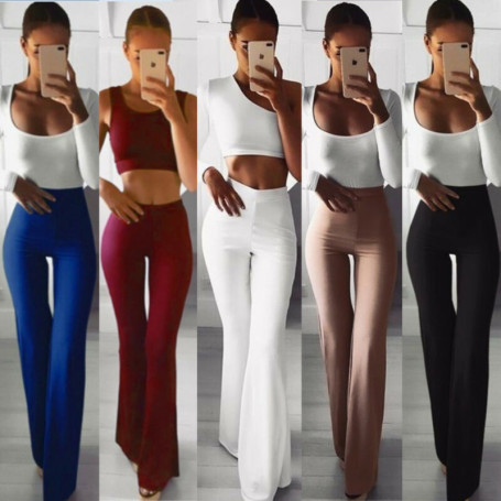 New Women Slim High Waist Wide Leg Flared Ladies Pants