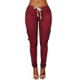 Autumn Polyester Fashion Casual Women Solid Color Skinny Cargo Pants Pockets Drawstring Joggers Trousers