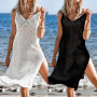 Beach Dress Cover Up Hollow Out Knitted Women V Neck See Through Bikini Cover Up Beachwear saida de praia