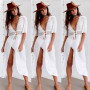 3XL Plus Size Beach Long Maxi Dress Women Bikini Cover Up Tunic Pareo White V Neck Dress Robe Swimwear Bathing Suit Beachwear
