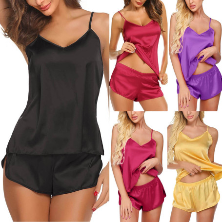 Silk Pajamas Set Women Casual Suit V-neck Suspender Nightwear Sleepwear Lace Camisole Sleep Tops Shorts Nightdress Home Summer