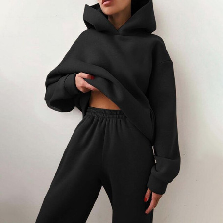 Women Casual Solid Warm Suits Hoodies Sweatpants Autumn Winter Pullover Sweatshirts Pants 2 Piece Sets Fleece-lined Tracksuits