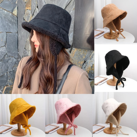 Lamb Fur Fisherman Cap Autumn Winter Fur Warm Female Hat Ear Protection Men and Women Solid Bucket Cap Outdoor Sun Panama Hat