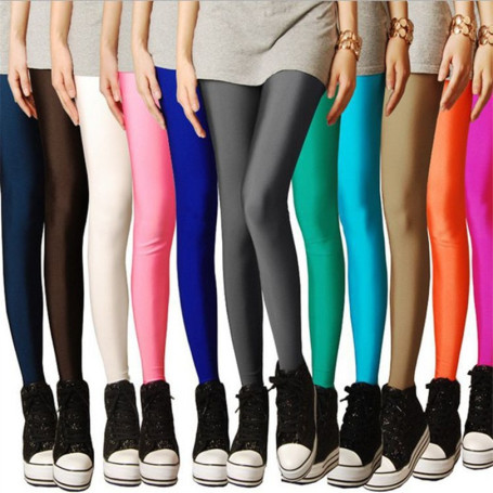 Women Solid Color Pants Leggings Shinny Elasticity Casual Trousers Fluorescent Spandex Candy Ankle-Length Knitted Bottom