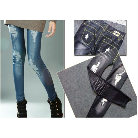 Sexy astic Imitation Jeans Leggings High Waist Pants Fitness Sport Fashion Hole Type Printing Faux Denim Jeans Slim Leg Mujer