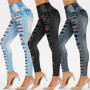Women Imitation Denim Jeans Leggings Casual High Waist Skinny Slim Elastic Pencil Pants Sport Push Up Hole Print Soft Trousers