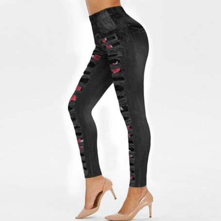 Women Imitation Denim Jeans Leggings Casual High Waist Skinny Slim Elastic Pencil Pants Sport Push Up Hole Print Soft Trousers
