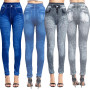 Sexy Faux Jeans Leggings Women Stretch Printed Short Leggins Calf-Length Pants Summer Breeches High Waist Jeggings