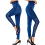 High Waist Leggings Women Gym Pants Hollow Out Workout Push Up Elastic Faux Denim Jeggings Fitness Side Lace Patchwork