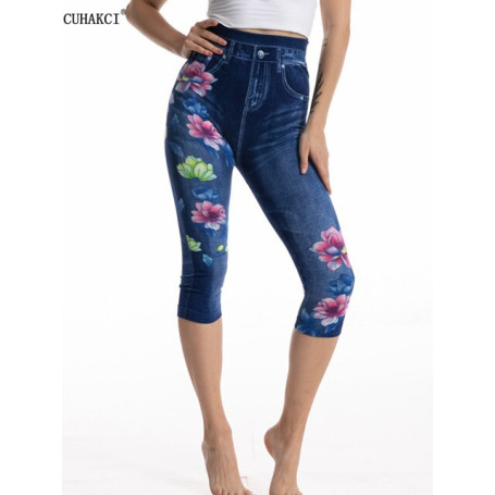 Women Leggings Summer Capri Leggings Push Up Sports Flower Printed Faux Denim Seamless Short High Waist Exercise Lothing