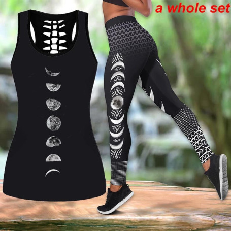 Moon Phase Yoga Wear Active Wear Printed 3D Tank Top & Leggings Shirt Sleeveless Hollow Out Tank Top and High Waist Leggings