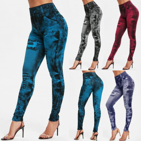 New Fashion Woman Leggings Large Size Print Mock Pockets and Hole Slim Jeans Leggings Ladies Skinny Trousers