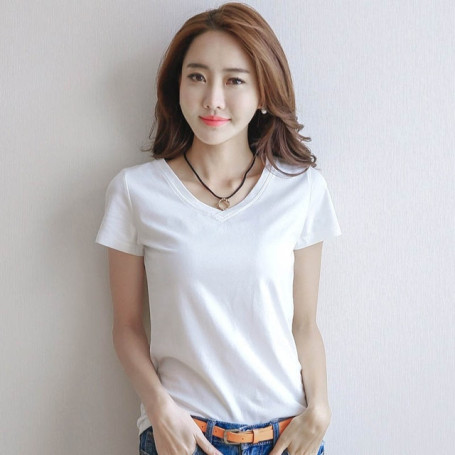 Summer Short Sleeve T Shirt Women Soft Slim Thin Top Hot Sale Solid Casual Daily T-Shirt V-neck Basic Tees