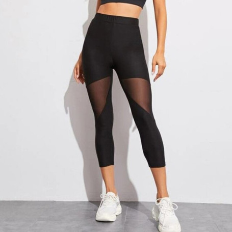 Black Patchwork Mesh Leggings Women's