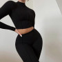 Two Piece Set Women's Outfits Half High Collar Long Sleeve Crop Top+Skinny Leggings Lady Casual Sporty Suit