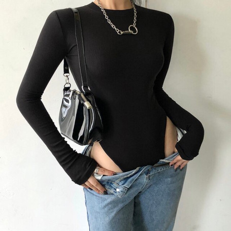 Long sleeve Bodysuit Women round neck all-match solid color t-shirt one-piece slim ribbed thin bottoming Casual body sexy top