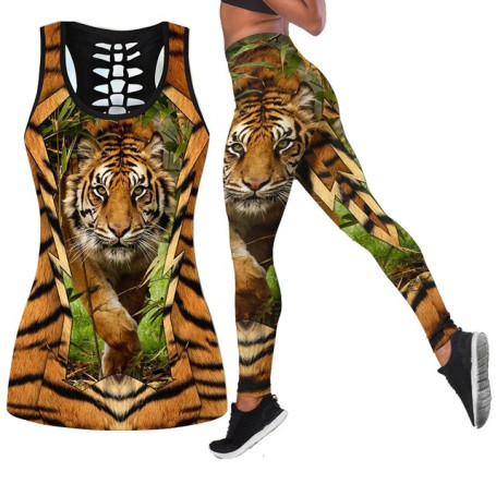 Women Fashion Tiger Dolphin Wolf Tattoo Printed Sport Yoga Suit Stretch pant/Leggings and Out Tank Top Set XS-8XL