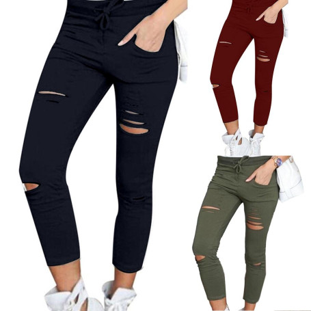 Autumn Drawstring Elastic High Waist Stretch Jeans Women Skinny Ripped  Long Pants Pencil Trousers Thin Leggings Outwear