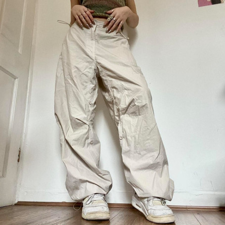 Women Casual Wide Leg Cargo Pants Vintage Low Waist Drawstring Joggers Tech Pants Solid Button Hippie Streetwear Baggy Trousers