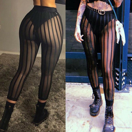 Hot Sale Ladies Women Sexy Mesh Sheer See Through Striped Leggings Pants High Waist Bodycon Black Slim Legging Pants Trousers