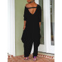 Women Plus Size Loose Jumpsuits Harem Pants O Neck Open Back Short Sleeve Pockets Playsuits One Piece Romper For Lady
