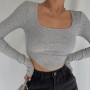 Women's Casual Ribbed Irregular Hem T-shirt Solid Color Long Sleeve Square Neck Slim Fit Pullover Top Fashion Clothes Camisetas