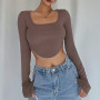 Women's Casual Ribbed Irregular Hem T-shirt Solid Color Long Sleeve Square Neck Slim Fit Pullover Top Fashion Clothes Camisetas