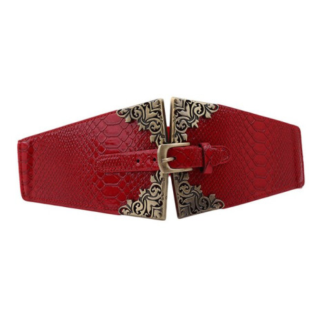 Lady Women Elastic Waistband Wide Waist Belt Retro Metal Buckle Faux Leather Red Brown