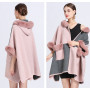 High Grade Autumn Winter New Imitation Otter Rabbit Fur Collar Cape Knit Cardigan Poncho Lady Capes Pink Cloaks
