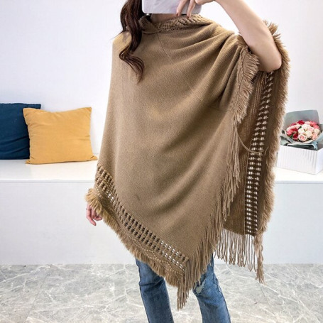 Spring Autumn New Women Winter Knit Hooded Poncho Cape Crochet Fringed Tassel Shawl Wrap Sweater Even Hat Girls Keep Warm gray