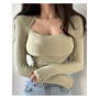 basis tees Top Winter Square Collar Sexy Elegant Solid Color Slim Sexy Long Sleeve T-shirt Tees Tops Korean elasticity tops G6EB