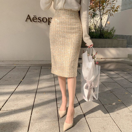 Small Fragrant Wind Autumn New Tweed Skirt Office Lady Mid-length High Waist Business Plaid Elegant Bag Hip One Step Skirt