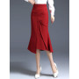 Women Summer Autumn Winter Asymmetrical Red Skirt Elastic Band High Waist Skirt Knee Office Lady A-Line Skirt