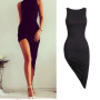 Sexy Oblique Pendulum Summer Ladies Dress O-Neck Solid Sleeveless Slim Dress Female Asymmetrical Mini Party Dress