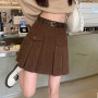 Corduroy Pleated Mini Skirt Women Autumn and Winter New High Waist Korean Style A-line Belt Retro All-match Kawaii Tennis Skirt