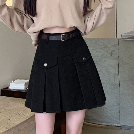 Corduroy Pleated Mini Skirt Women Autumn and Winter New High Waist Korean Style A-line Belt Retro All-match Kawaii Tennis Skirt