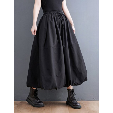 Black Vintage High Waist Pleated Skirt Women Plus Size Fashion Drawstring Loose Casual Long Skirts Clothing Spring Autumn