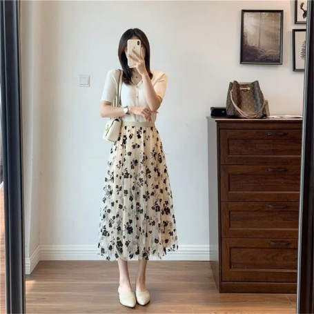 Mesh Floral Skirt Women  Spring Summer Autumn Long Gauze Skirt High Waisted Grace Fashion Puff Skirts Elegant Mujer Printing
